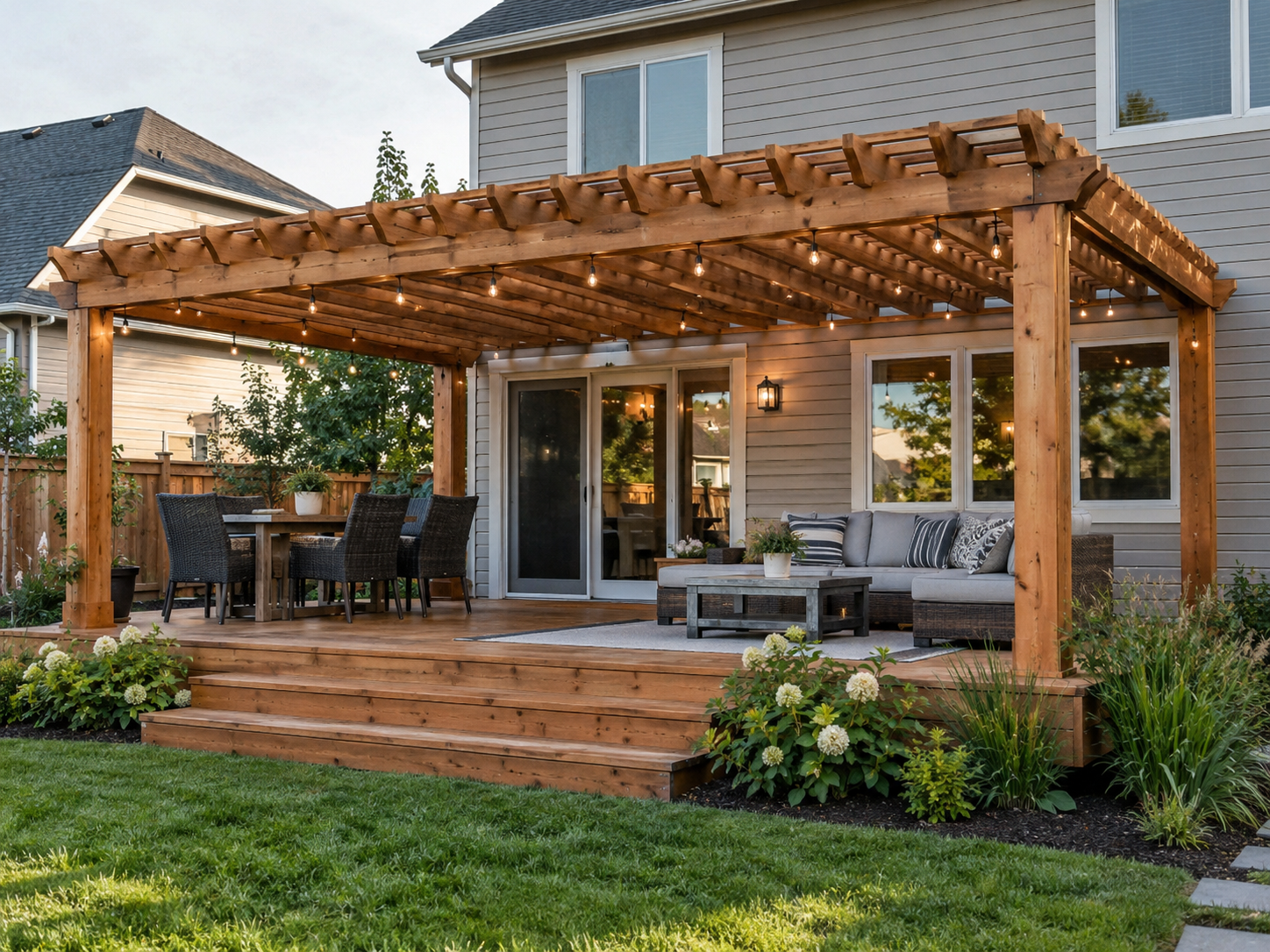 Wood deck and pergola attached to a suburban home