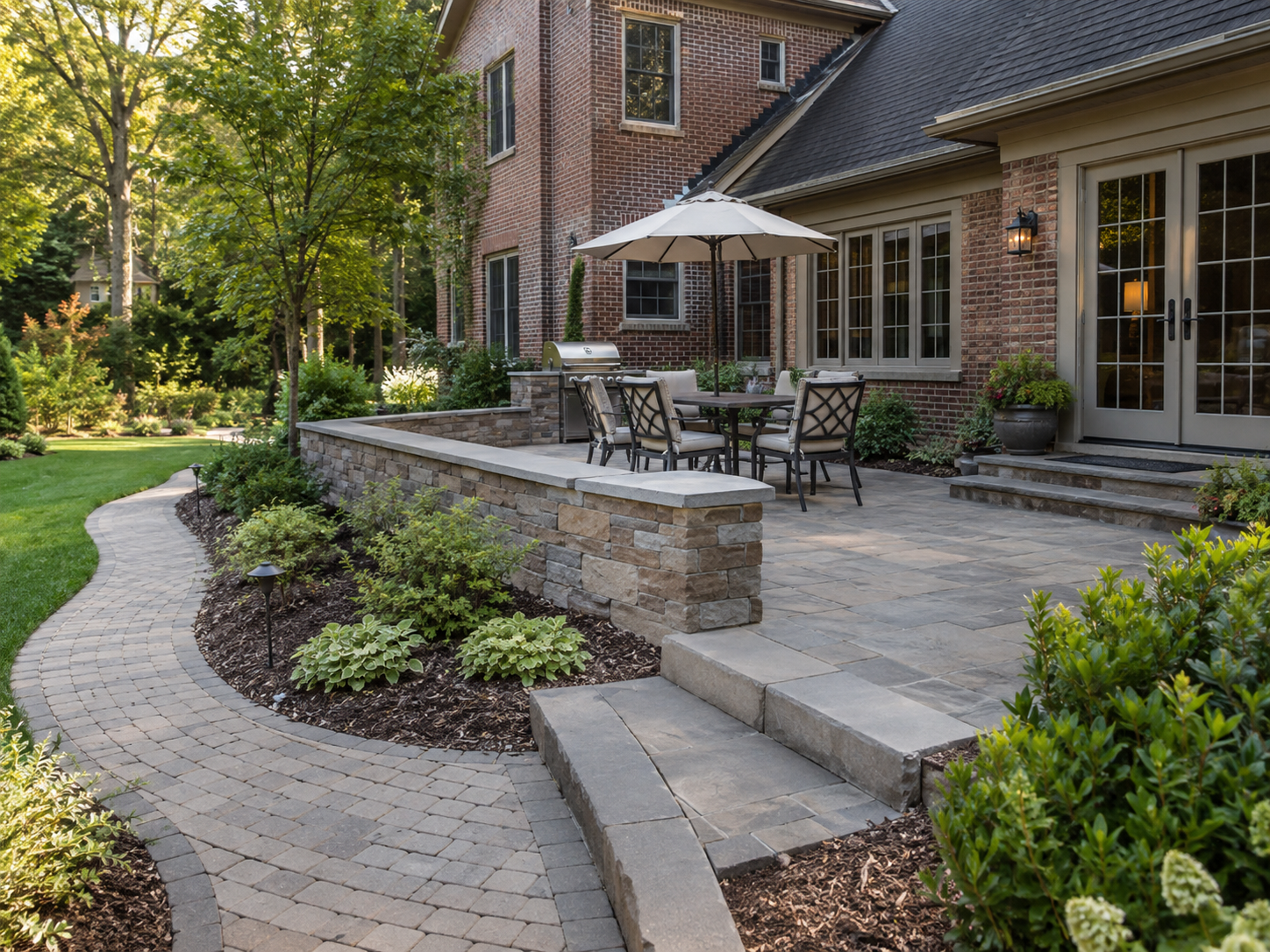 Stone patio and masonry in a residential backyard