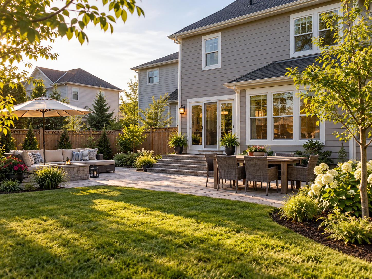 Finished residential backyard patio and landscaping