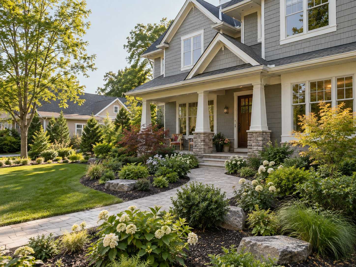 Residential landscape design around a suburban home