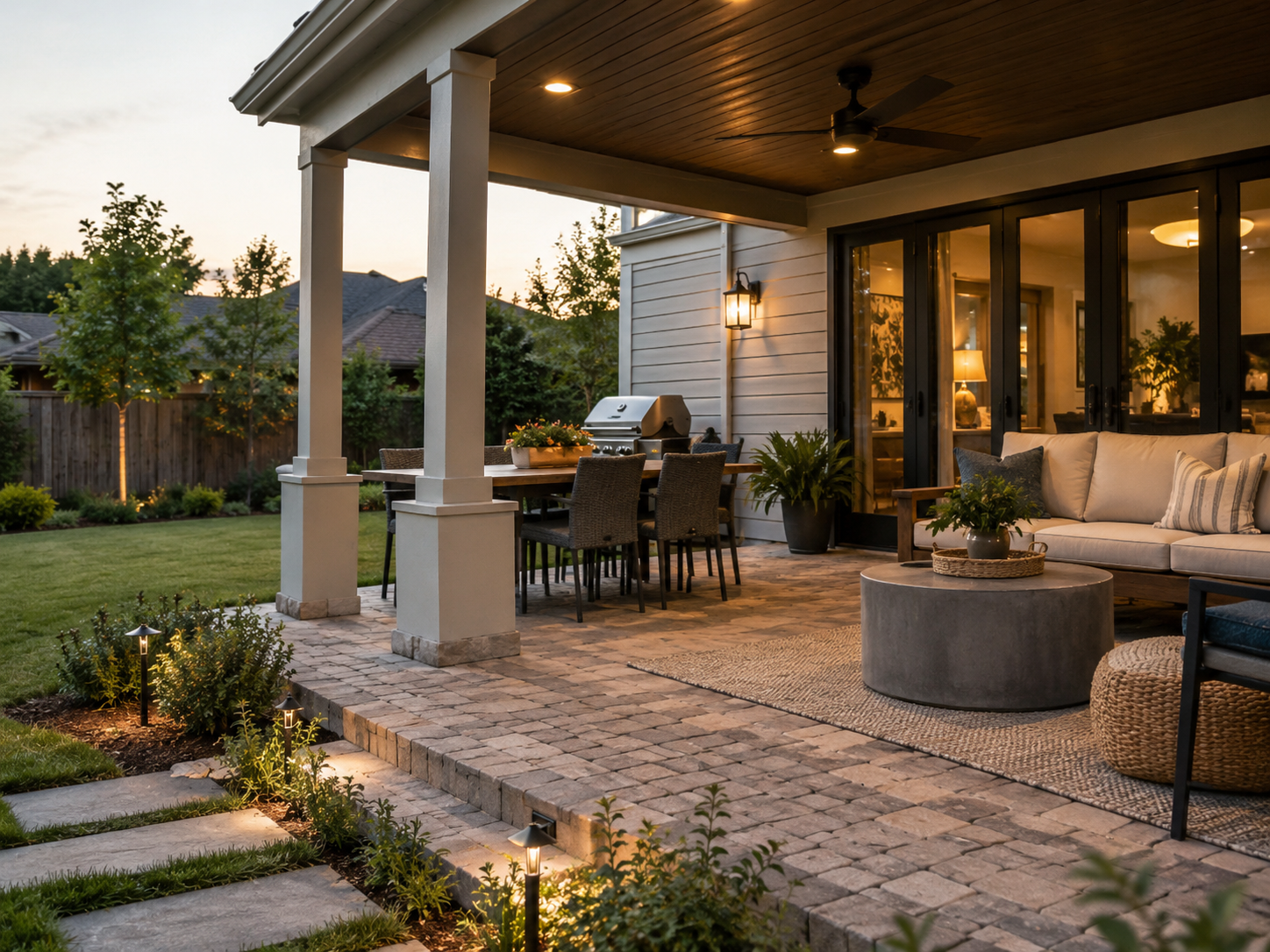 Covered patio with outdoor dining and lounge seating