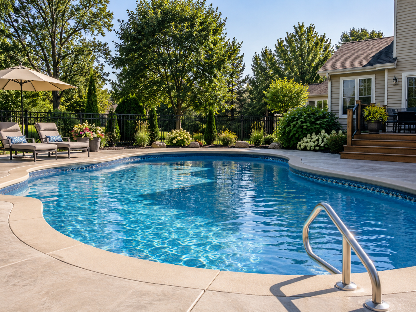 Backyard swimming pool at a suburban home